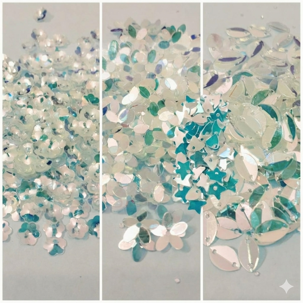 10 Gm Flower and Boat Shapes loose Sequins in white multicolor color