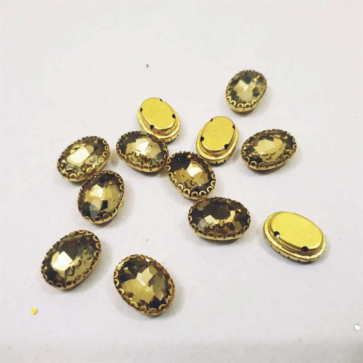 12 Pcs Colorful Oval Glass Sew On Rhienstones with Golden Base Crystal Clipstones