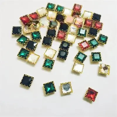 6 Pcs Colorful Square Glass Sew On Rhienstones with Golden Base Crystal Clipstones