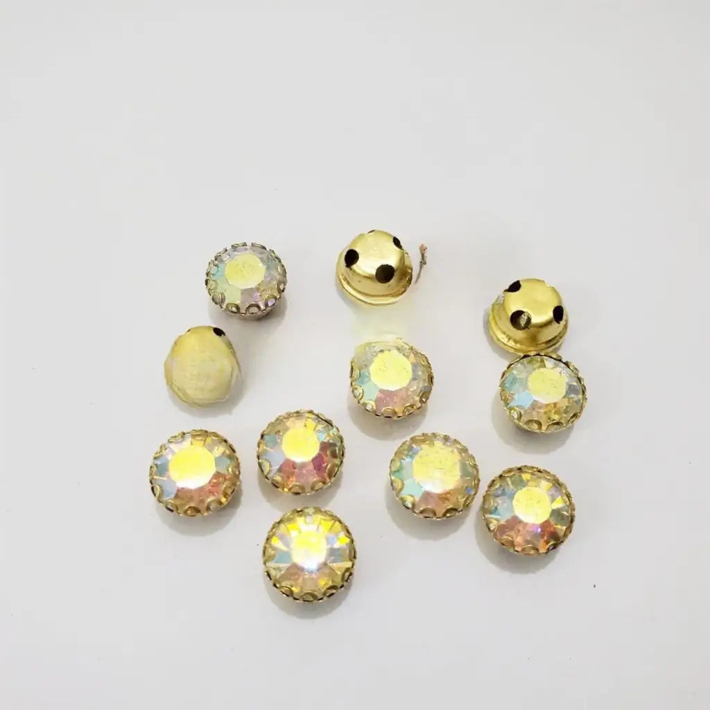 12 Pcs Round Glass Sew On with Golden Base Crystal Clipstones ( 1cm )