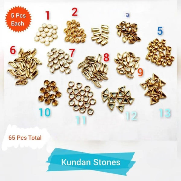 65 Pcs, (5 Pcs each) 13 Different Shape Kundan Stone in Flat Back Mount/Kundan Beads for decoration