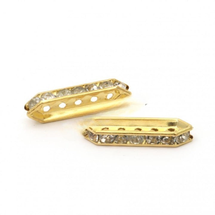 3 Pair (6 pcs) Elongated metal divider with crystals with five holes 1.5 mm color gold