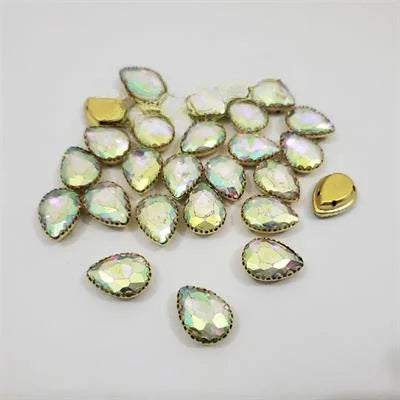 12 Pcs White Colorful Tear Drop Glass Sew On Rhienstones with Golden Base Crystal ( 15x10mm )