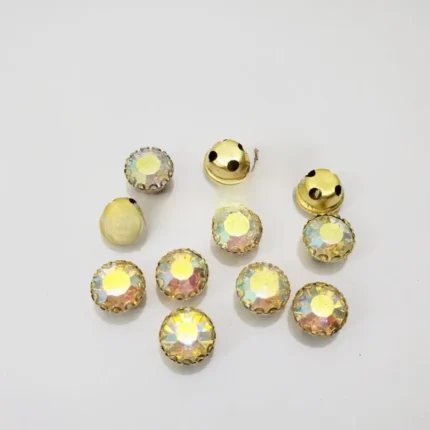 12 Pcs Round Glass Sew On with Golden Base Crystal Clipstones ( 1cm )
